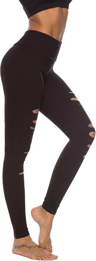 DIBAOLONG Womens High Waist Yoga Pants Cutout Ripped Tummy Control Workout Running Yoga Skinny Leggings