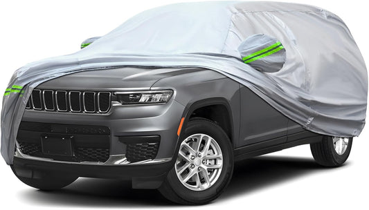 KEYOOG 6-Layer Full Car Cover is All-Weather Waterproof, Universal in All Seasons, Snow Prevention, Rainproof, Acid Rainproof, Sunscreen, Ultraviolet-Proof, Fit SUV 205"-216" Green Reflective Strip