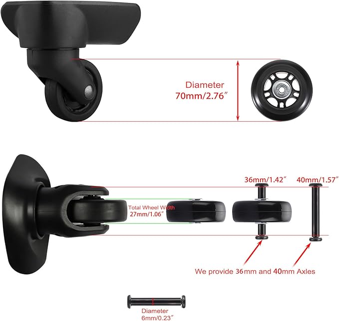 OwnMy 70mm x 23mm Luggage Wheels Replacements Set of 2 Mute Suitcase Replacement Wheels with Black Screws Axles Bearings, Silent Rotatable Rubber Luggage Suitcase Swivel Wheel Kit