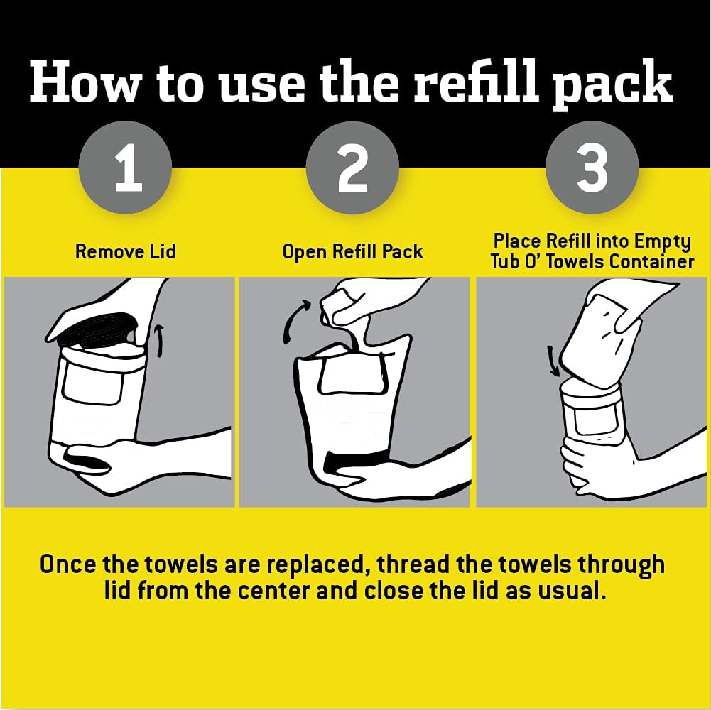 Tub O' Towels Heavy Duty, 10" x 12", Multi-Surface Cleaning Wipes, 90-Count Canister & Refill Pack, White