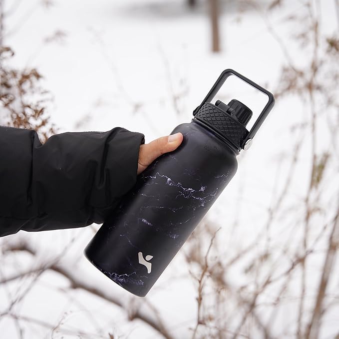 32 oz Insulated Water Bottle Stainless Steel Sport Bottles with 3 Lids,Marble Midnight