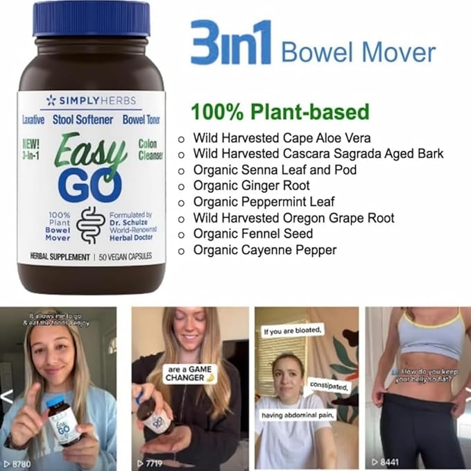 Dr. Schulze's Easy GO Bowel Mover 2-Pack | Formulated Gentle Laxative, Colon Toner & Stool Softener | 100% Plant Natural Bowel Cleanse | Promotes Regular & Complete Bowel Movements | 100 Ct Vegan