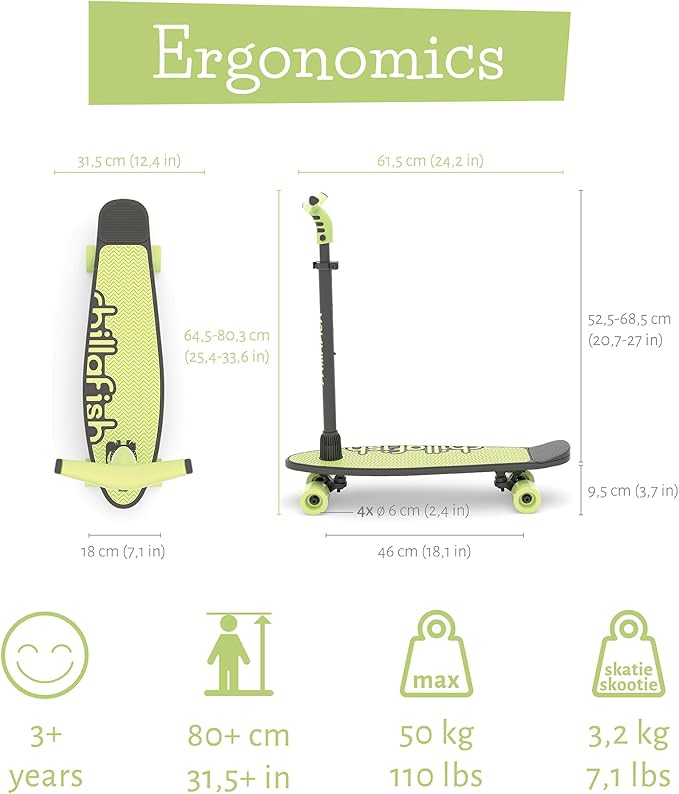 Chillafish Skatieskootie Customizable Training Skateboard and Lean-to-Steer Scooter with Detachable Stability Handlebar, Ages 3+