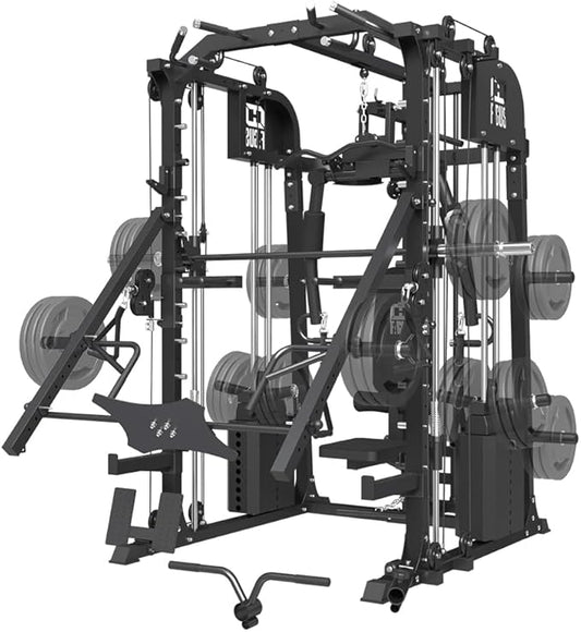 Commercial SmithMachine with Smith Bar, Home Gym Station with Dual Weight Stacks, 4000LBS Power Cage Squat Rack with Lever Arm, Leg Press, LAT Pull Down, Cable Crossover Machine for Full Body Training