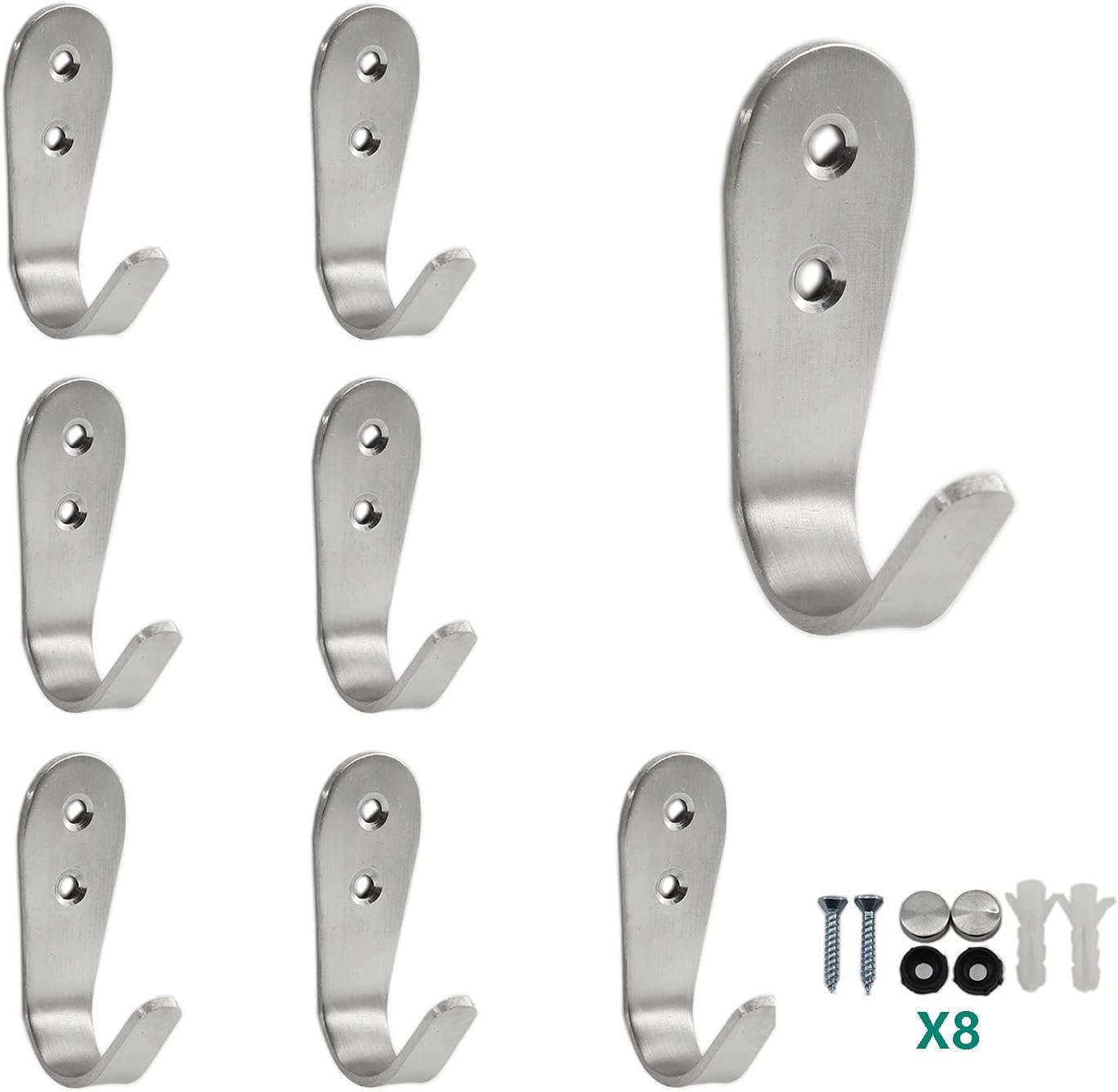 Stainless Steel Coat Hooks, Heavy Duty Metal Wall Mounted Hanger Hooks for Hanging Towels, Keys, Hats - Indoor and Outdoor Use - 8 Pack with Screws