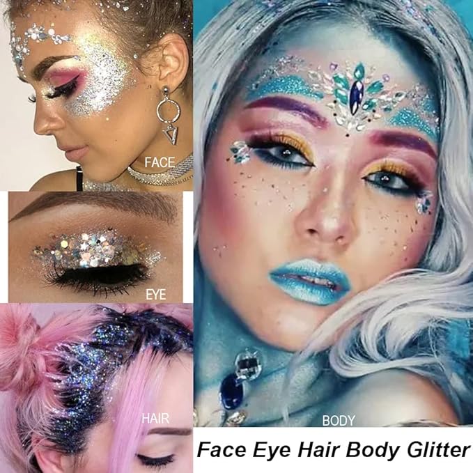 Mysense Purple Body Glitter Gel, Mardi Gras Face Glitter Makeup, Music Festival Rave Accessories, Chunky Mermaid Sequins for Eye Hair Decorations, Sparkling Paint for Women, 30g