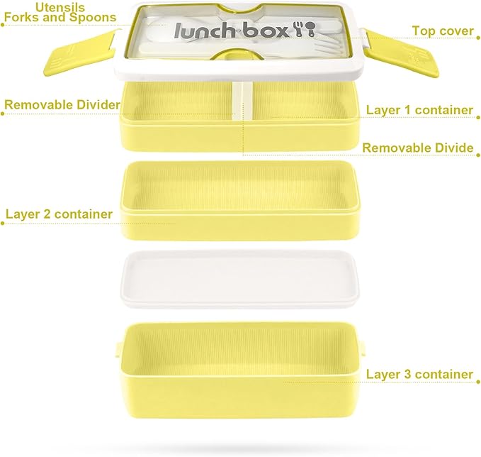 Iteryn Bento Box Lunch Box, 3 Layers Stackable Lunch Containers with Compartments-Leakproof Eco-Friendly Meal Prep Containers