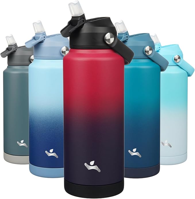 Insulated Water Bottle with Straw Lid,32 oz Stainless Steel Vacuum Metal Bottle with Silicone Handle,Rosy Red