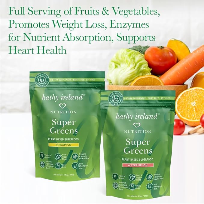 kathy ireland Nutrition Plant Based Super Greens Powder Mix, Watermelon, 9.5oz
