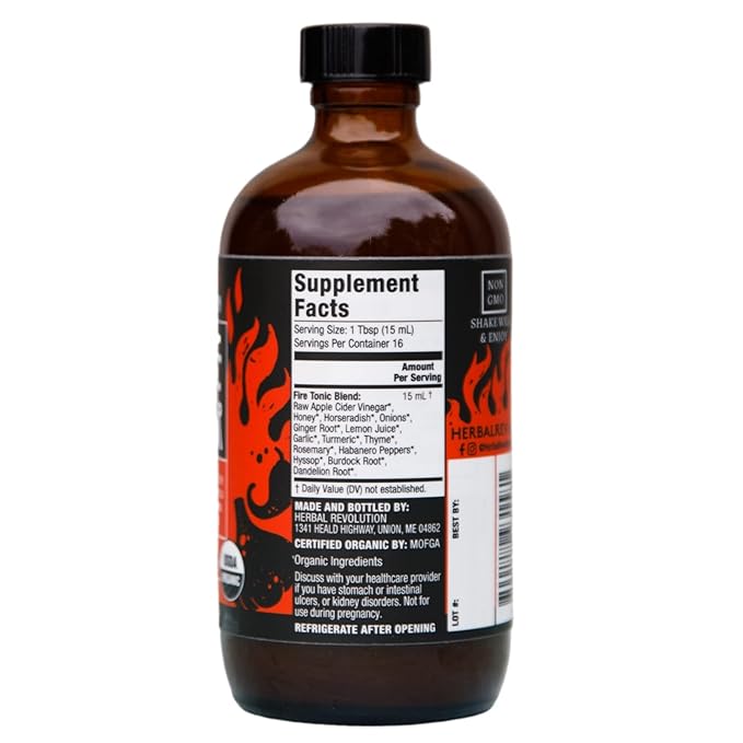 Herbal Revolution Fire Cider Apple Cider Vinegar - Certified Organic Non-GMO ACV Infused with Ginger, Horseradish, Hot Peppers, Honey, and More - Made Using Regenerative Farming Practices 8 Oz