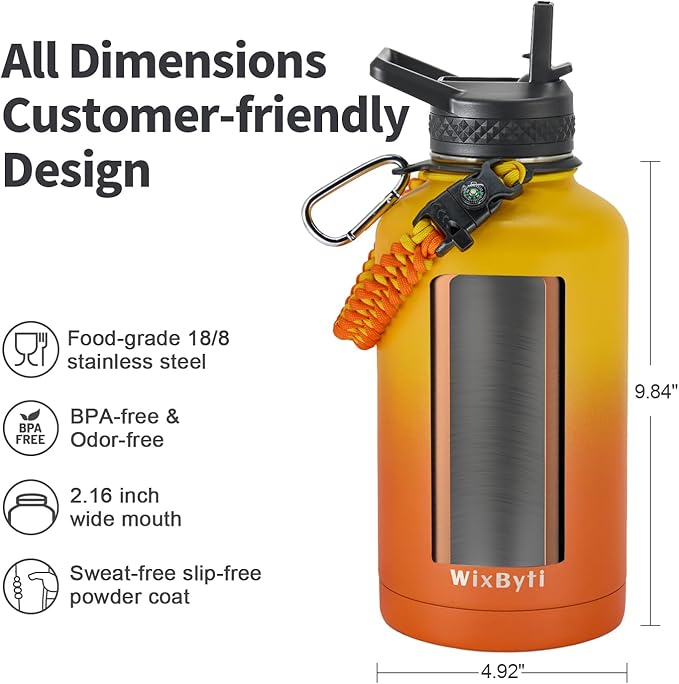 64 oz Insulated Water Bottle with Straw (Cold for 48 Hrs), Half Gallon Stainless Steel Triple Wall Vacuum Sports Water Jug, Leakproof Hydro Cup Flask with Straw Spout Lids & DIY Stickers