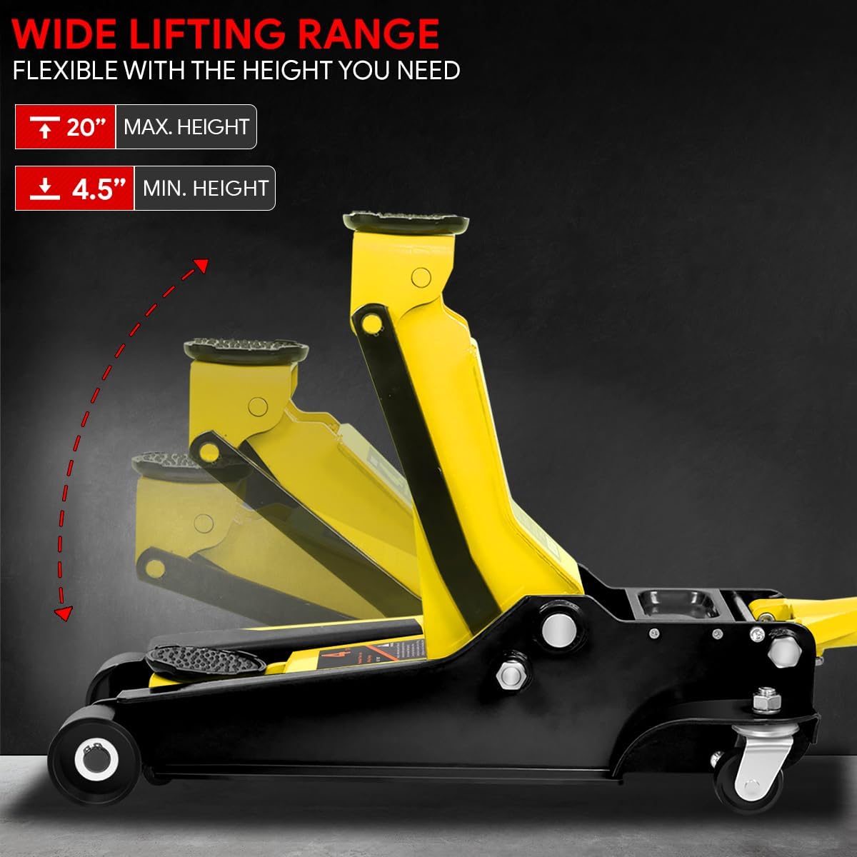 DNA MOTORING Low Profile Hydraulic Trolley Service/Floor Jack, 4 Ton (8000 lbs) Capacity, Lifting Range 4.5"-20", Yellow, TOOLS-00307-YL