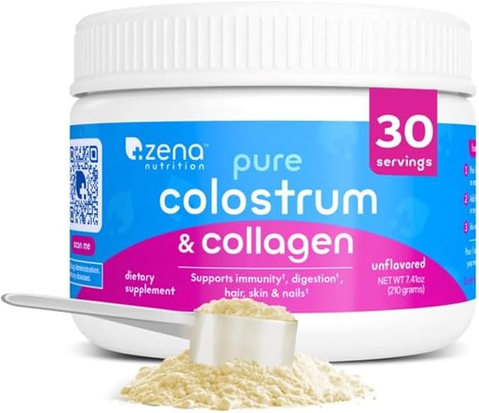 Zena Nutrition Bovine Colostrum & Collagen Powder Supplement for Gut Health, Immune Support, Digestion, Hair, Skin & Nails, Unflavored, Gluten & Sugar Free, 30 Servings