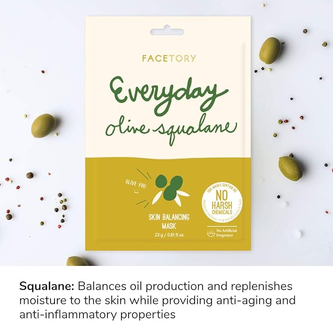 FACETORY K Beauty Face Mask Skin Care - Everyday OLIVE Skin Balancing Sheet Mask | Plant-Based with Squalane Oil (10 Pack)