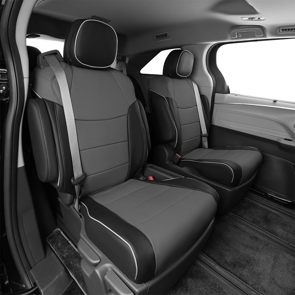 EKR Sienna Seat Covers for 2021-2025 Toyota Sienna XLE,XSE,Limited,Platinum,7 Seats,2nd Row Captain Chairs W/NO Legrest,Seat Covers Full Set for Cars,Car Seat Protectors-Leather(Black/Gray)