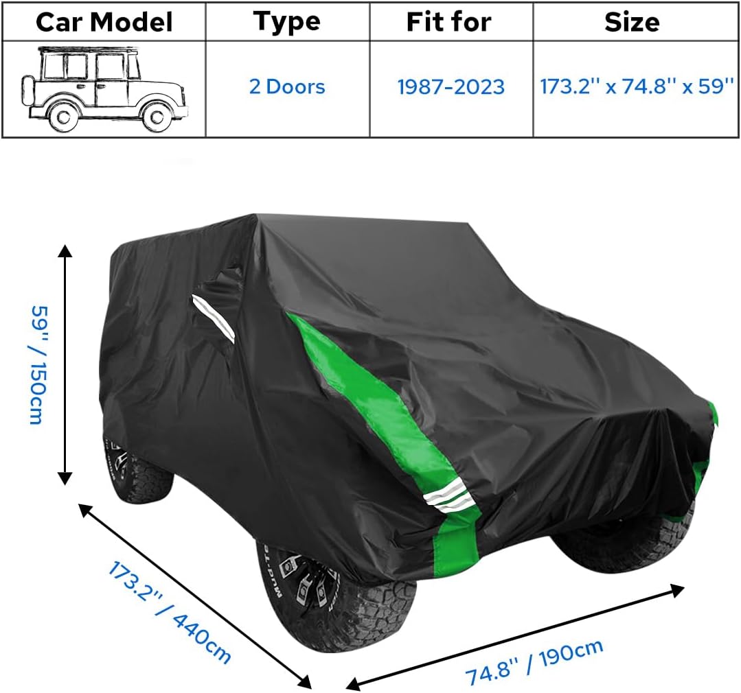 Avecrew for Jeep Wrangler Cover Waterproof 2 Door, All Weather for Jeep Rain Cover for Automobiles, Outdoor Full Exterior for Jeep Covers Fits JK JL TJ YJ CJ （Green）