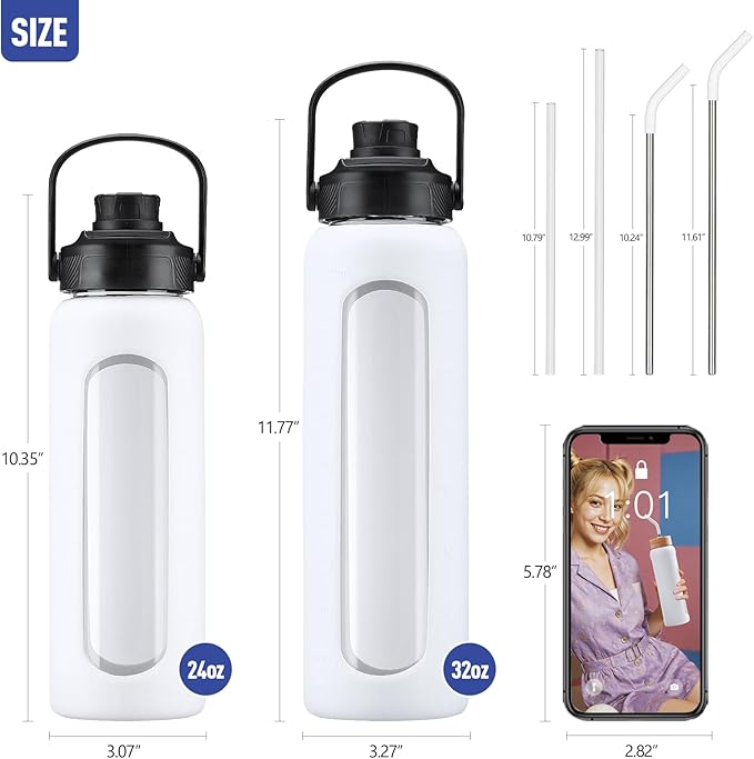 Kodrine Water Bottle with Straw, 24 oz Glass water Bottle with 2 Lids Bamboo Straw Lid and Spout Lid with Handle, 32 oz Clear Water Bottle Glass for Sports Travel, Waterbottle with Time Marker
