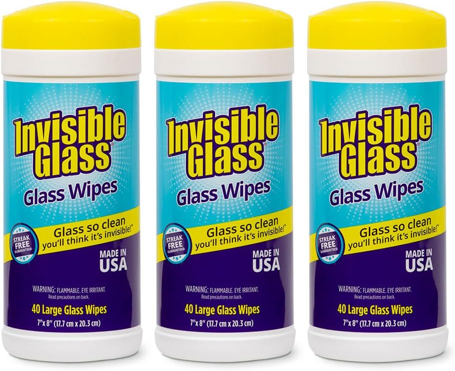 Invisible Glass 90160-3PK Glass Cleaning Wipes Perfect for Cleaning Mirrors, Windows, and Windshields at Home, in Your Car, or at the Office, Streak-Free, Tint-Safe, Lint-Free, 40 Wipes, Pack of 3