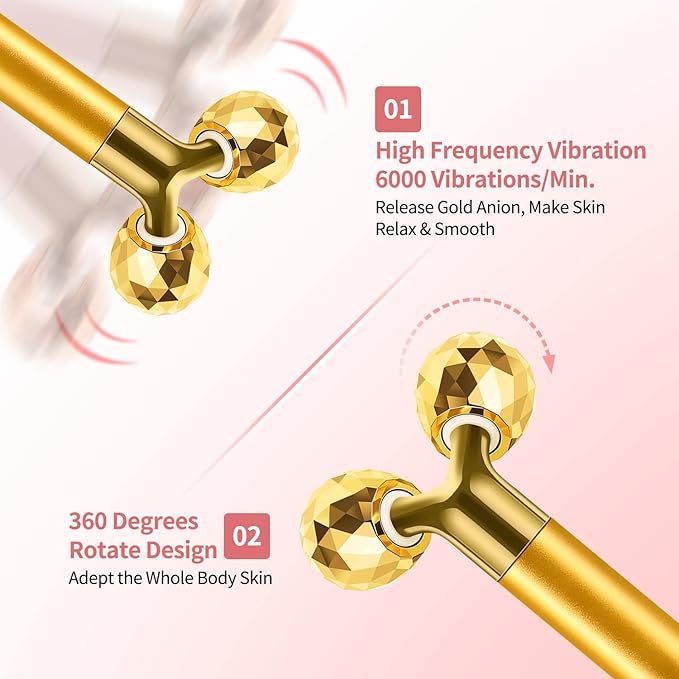 2-IN-1 Electric Face Massager Roller 24k Golden Face Roller, 3D Roller and Unique Crescent Shape Facial Roller Massager Kit Arm Eye Nose Massager Skin Care Tools