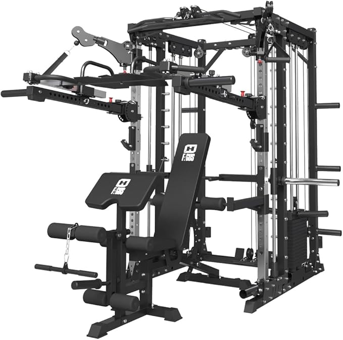 FAGUS Commercial Smithe Machine with 308lb Dual Weight Stacks, 4000LBS Power Cage Squat Rack with Lever Arm & Leg Press, Multi-Function Linear Bearing Cable Crossover Machine for Home Gym