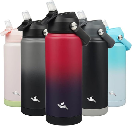 Insulated Water Bottle with Straw Lid,24 oz Stainless Steel Vacuum Metal Bottle with Silicone Handle,Rosy Red