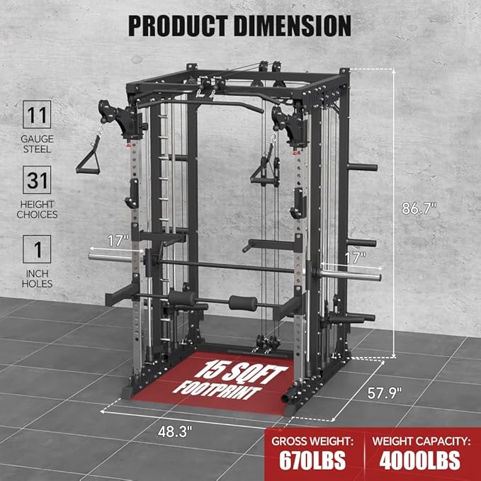 Commercial Smith Machine with Smith Bar, 4000LBS Power Cage Squat Rack with Lever Arm, Leg Press, LAT Pull Down System, Multi-Function Linear Bearing Cable Crossover Machine for Home Gym