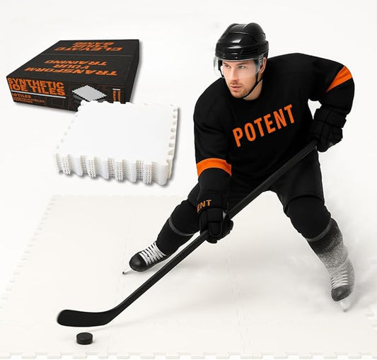 Potent Skateable Synthetic Ice Hockey Tiles (10-Pack, 21.6 SQFT) – Artificial Ice Rink Tiles for Home Hockey Training – Easy Interlocking Assembly, Expandable Design, Durable Self-Lubricating Surface
