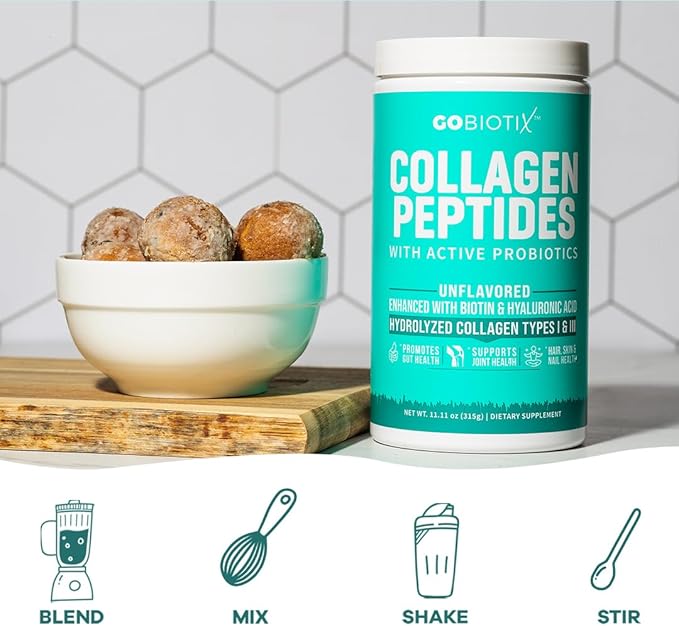 GOBIOTIX Collagen Powder Supplement with Probiotics - Hydrolyzed Protein Collagen Powder for Women - Hair Skin and Nails, Joint and Digestive Health - Collagen Peptides Type I and III - 30 Servings