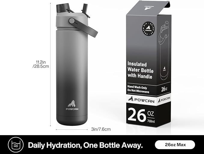 26 oz Insulated Water Bottle with 2-in-1 Straw and Spout Lid, Keep Cold 24H, Leak-Proof, Fits in Car Cup Holder, Stainless Steel Water Bottle for Sports, Travel, Gym, and School (Obsidian)