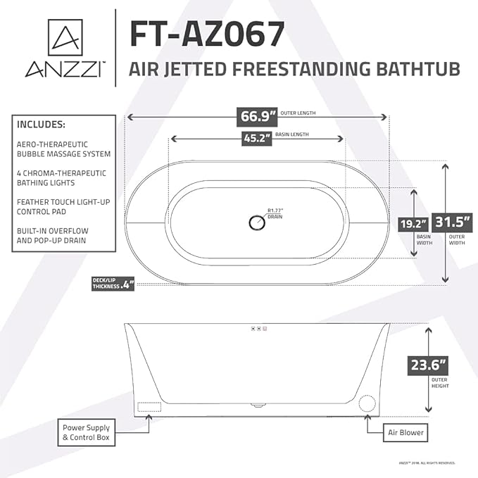 ANZZI 67" Freestanding Air Jetted Whirlpool Bathtub - White Acrylic Soaking Tub with LED Lights & Touch Controls | FT-AZ067