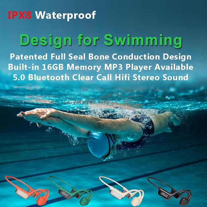 IHAO Swimming Headphones True Bone Conduction Open Ear Headset MP3 Player Built-in 32G Memory IP68 Underwater Waterproof Stereo Bluetooth Earphone for Driving Bicycling Running Skiing-White