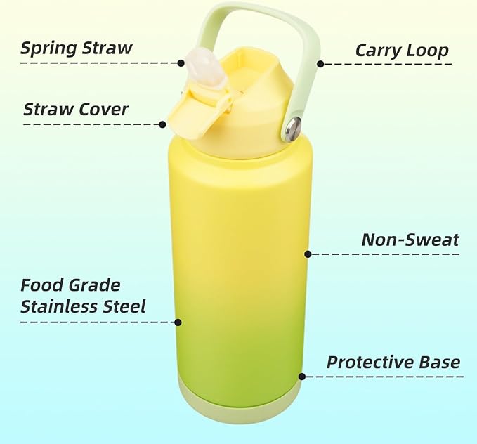 Insulated Water Bottle with Straw Lid,32 oz Stainless Steel Vacuum Metal Bottle with Silicone Handle,Lime