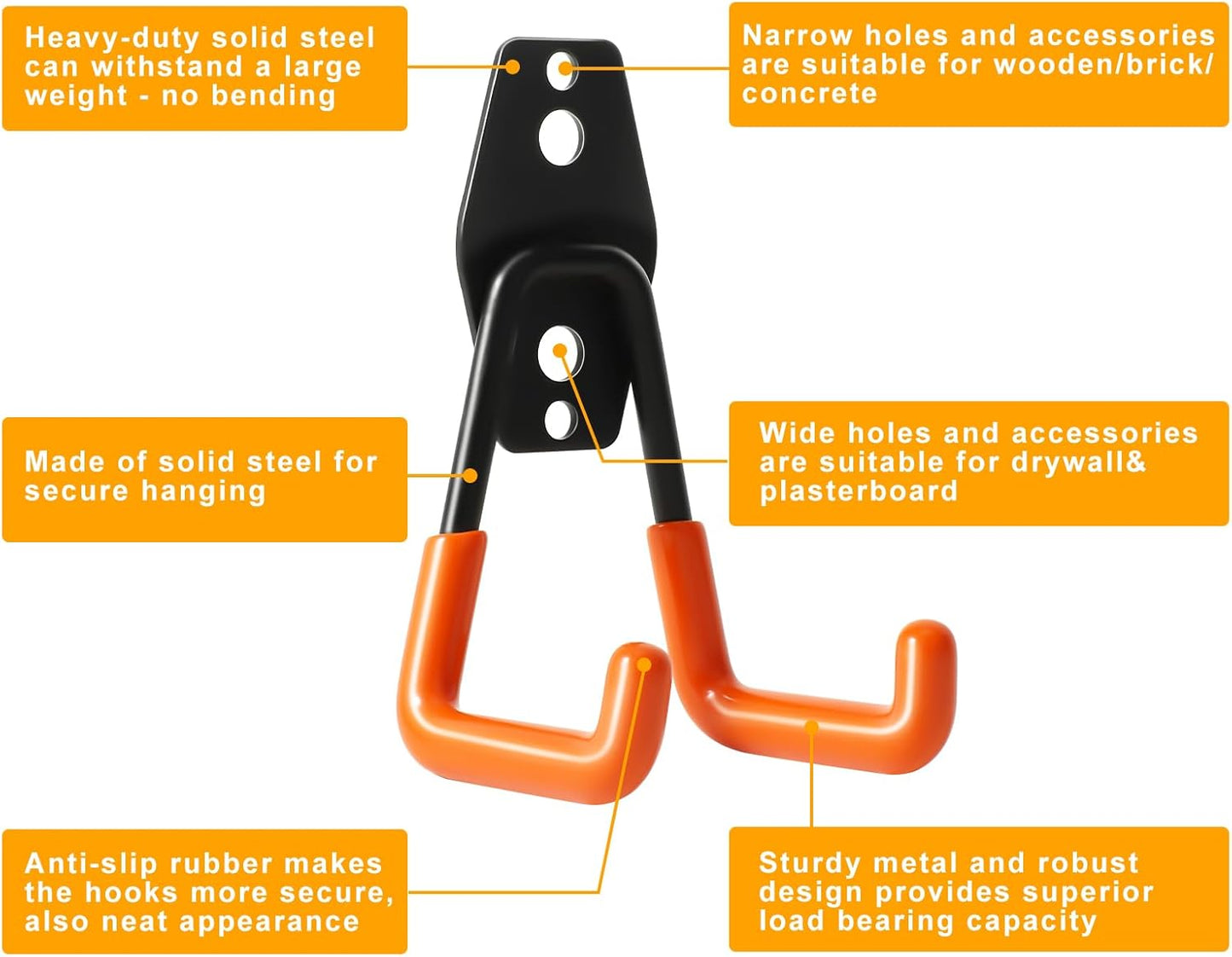 KURUI Heavy Duty Wall Hook for Hanging, 2 Pack Garage Tool Organizer Wall Mount, Metal Garage Storage Hooks for Ladder,Extension,Garden Tool, Small Utility Hook, Hose Holder for Outdoor and Indoors