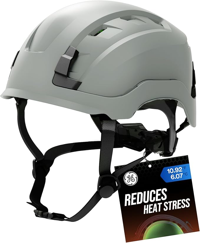 GE Safety Helmet, Impact Absorbing Tech, Adjustable Ratchet, ANSI Type 1, Memory Foam Padding, Hard Hats Protection, Lightweight, Durable, Chin Strap, Comfortable Fit OSHA Approved