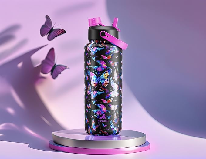 40 oz Insulated Water Bottle with 2-in-1 Straw and Spout Lid, Keep Cold 24H, Leak-Proof, BPA-Free, Double Wall Stainless Steel Water Bottle for Sports, Gym, Travel, and School (Butterfly Waltz)