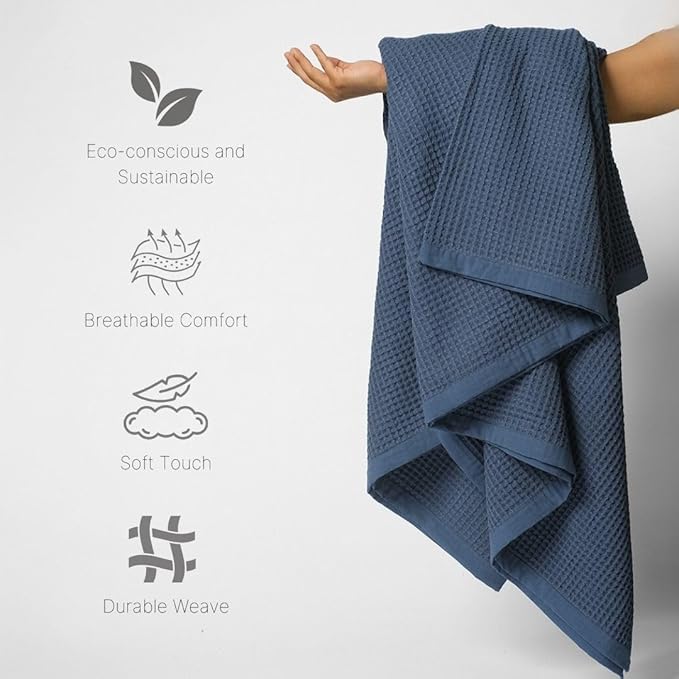 GOTS Certified Organic Cotton Waffle Weave Blanket, King Bed Size,108"X90" Cozy Throw Blanket for Couch, Modern Home Decor, Throw Blankets,Comfy Waffle Blanket Soft Bed Blankets-Navy Blue
