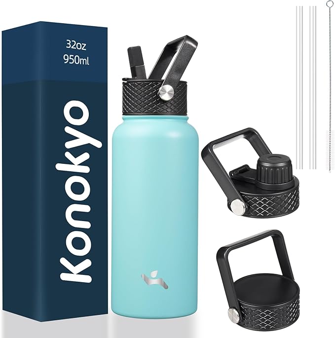 32 oz Insulated Water Bottle Stainless Steel Sport Bottles with 3 Lids,Turquoise