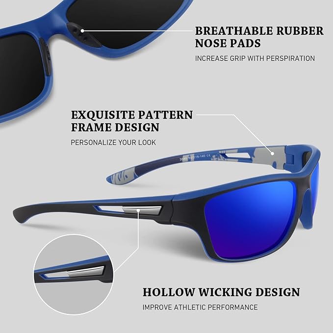 Polarized Sports Sunglasses for Men Women,Fishing Driving Rectangular Goggles UV400 Protection