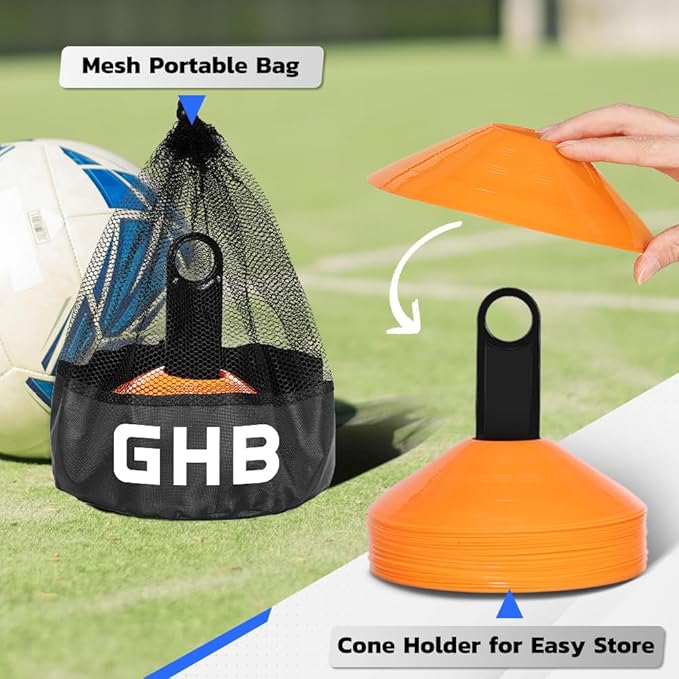 GHB Soccer Cones 25/50/100 Pack Disc Soccer Sport Cones Training Field Marker Agility Cones for Traffic, Basketball, Coaching, Practice Equipment Includes Cone Drills Guide