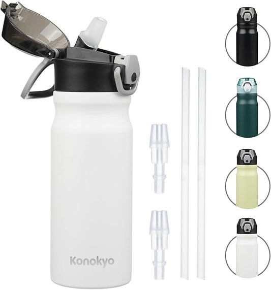 Insulated Water Bottle with Straw and Carry Loop,18 oz Stainless Steel Double Wall Vaccum Metal Water Flask with Leak-proof Lid,White