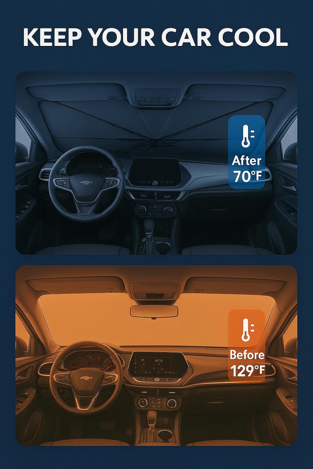 Proadsy Windshield Sun Shade Umbrella for Chevrolet Trax 2024-2025 2026 Models LS, 1RS, LT, 2RS, ACTIV, Foldable Car Umbrella Sunshade with Soft Handle Protect Car from Rays & Heat