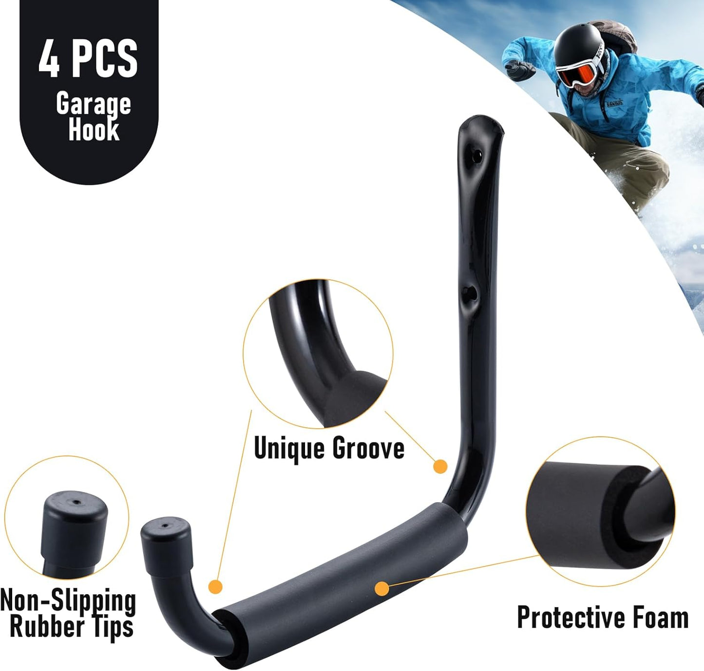 HOME MASTER HARDWARE Heavy Duty 9" Jumbo Arm Garage Wall Hooks 4 Pack – 50Lbs Ladder Hangers, Wall Mount Utility Storage for Bikes, Folding Chairs, Kayaks & Bulk Items