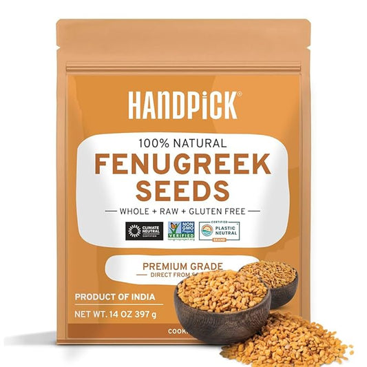 HANDPICK Fenugreek Seeds (14oz) ALL NATURAL Fenugreek - Indian Origin Whole Methi Seeds (Trigonella Foenum Graecum) Fenogreco En Semillas | Resealable Ziplock Pouch