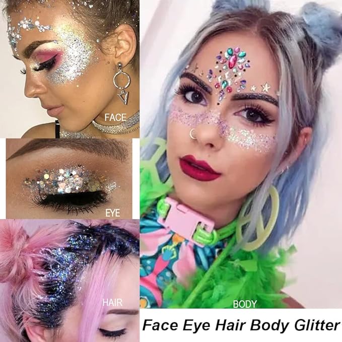Mysense Iridescent White Body Glitter Gel, Mermaid Face Glitter Makeup, Concert Music Festival Rave Accessories for Face Eye Hair, Sparkling Glitter Face Paint for Women, 30g