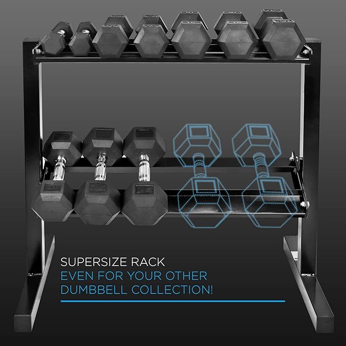 WF Athletic Supply Rubber Coated Hex Dumbbell Set with Two Tier Premium Storage Rack Built for Strength Building, Weight Loss & Home Gym – Multiple Sets Available