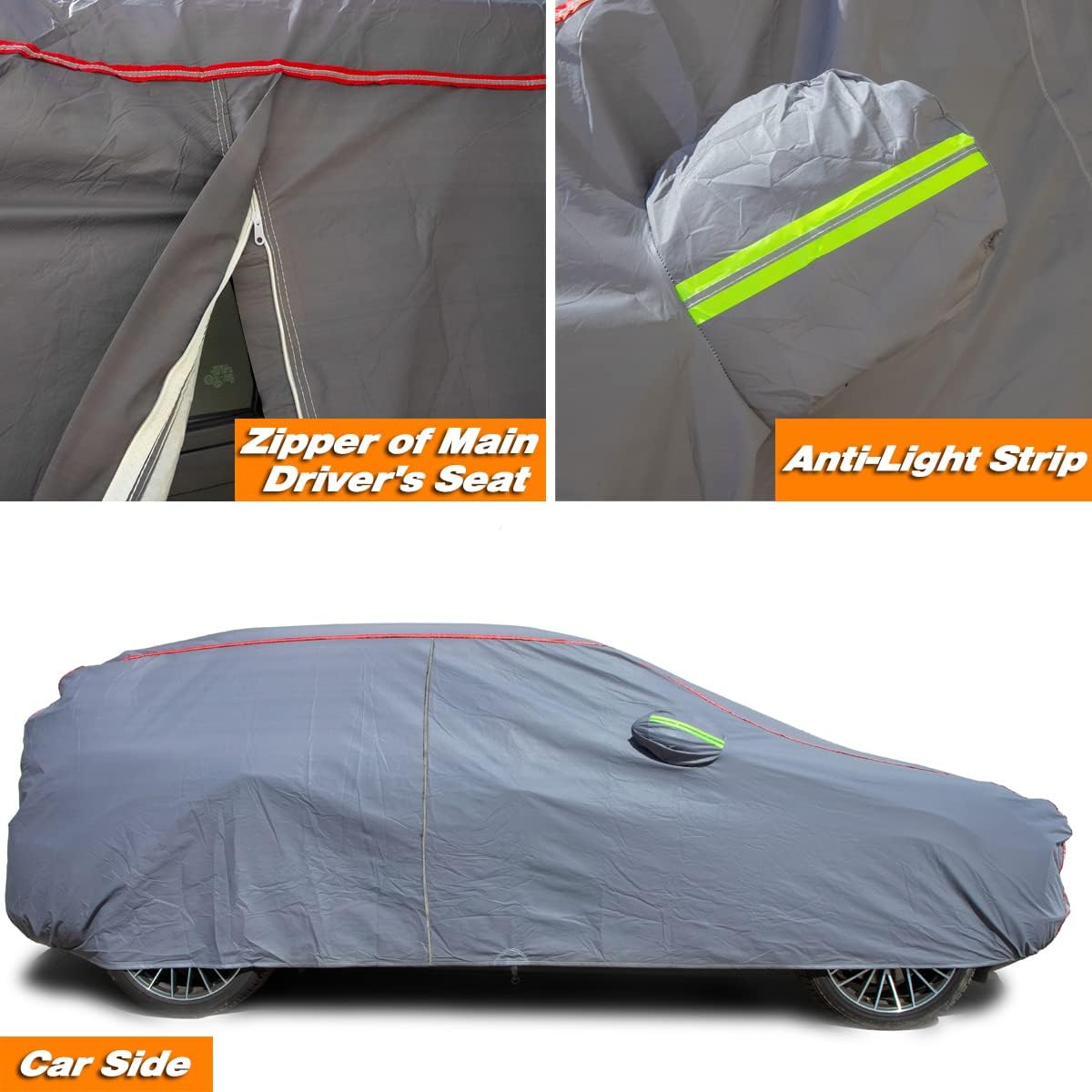 AUQDD 6-Layers PEVA New Material Sedan SUV Full Padded Car Cover Waterproof All Weather Weatherproof UV Sun Protection Snow Dust Storm Resistant Outdoor Exterior Custom Form-Fit Straps 178"-190" Grey