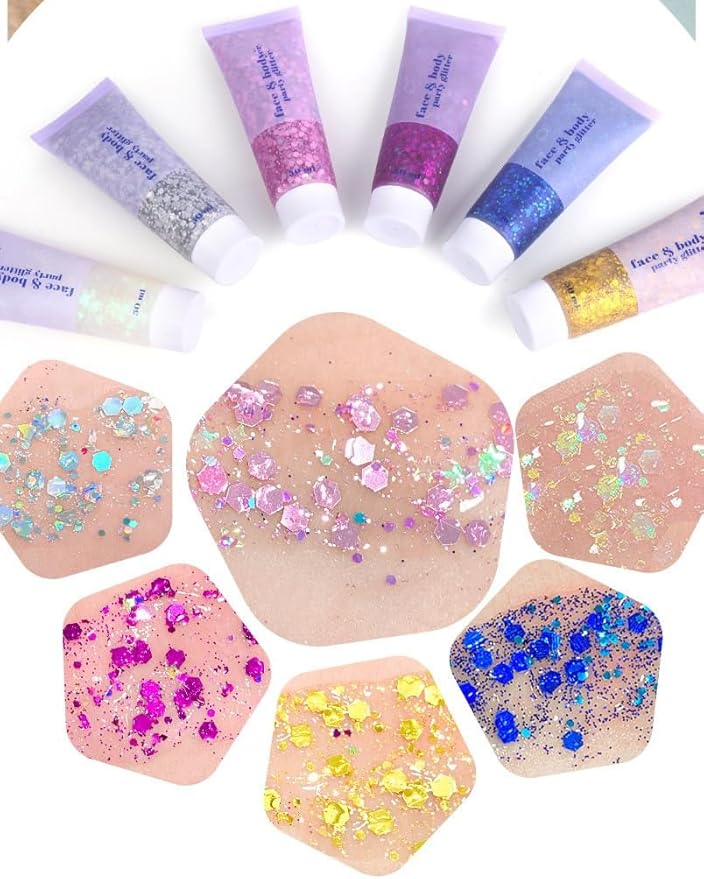 3 Color Face and Body Glitter Gel, Neon Outfit Glow Party for Body Hair Face Nail Glitter Stick Makeup. (01-Blue&02-Gold &06-White Moonbeam)