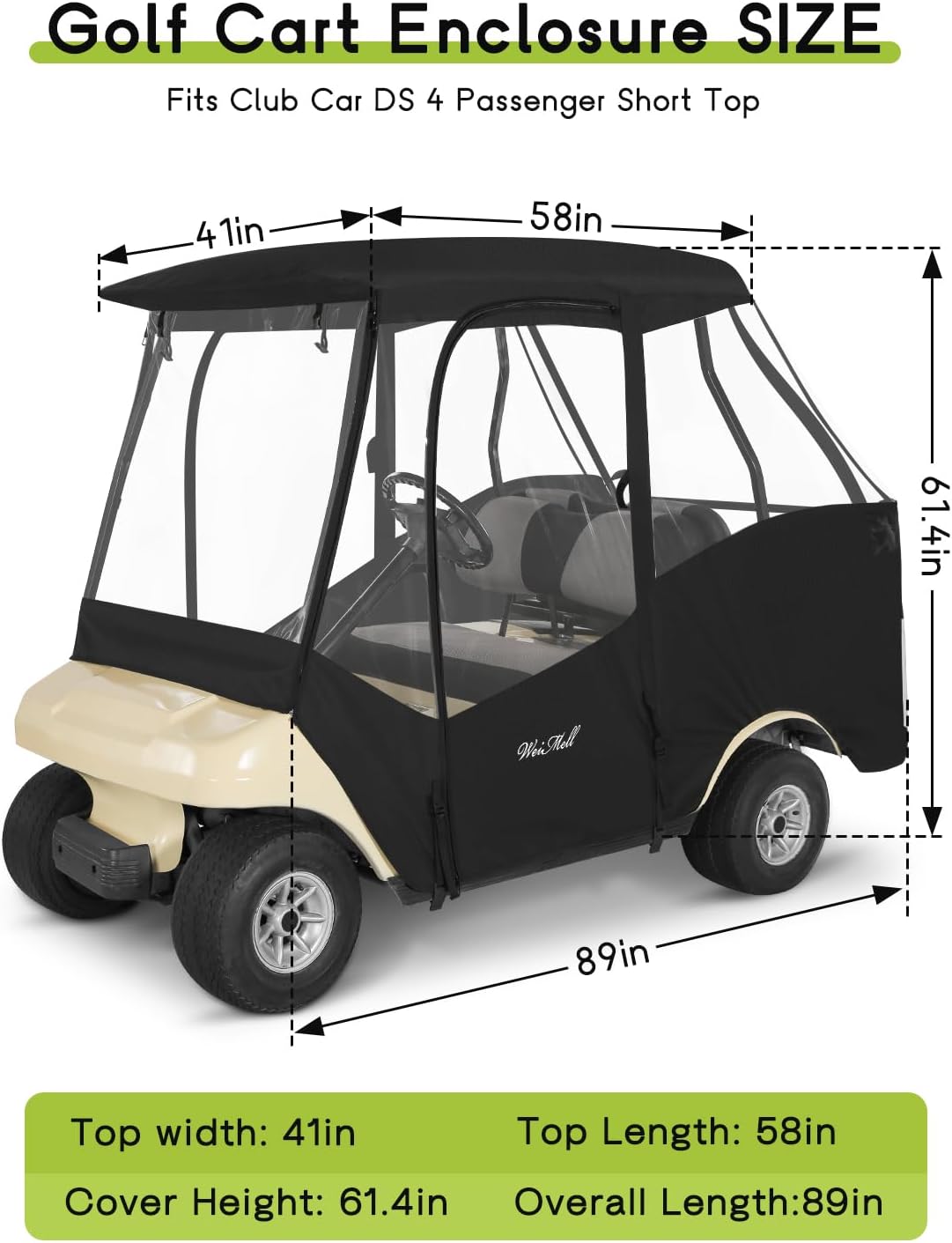 Golf Cart Enclosure 4 Passenger for Club Car DS 2+2 Enclosure Waterproof Windproof Driving Rain Cover Fit 4-Seater Short Roof with 4-Sided Clear Windows Mirror Zipper Roll-up Door Black