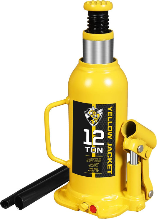 YELLOW JACKET 12 Ton Muti-Directional Welded Bottle Jack (24,000lb), Horizontal Bottle Jacks Use for Car, Pickup, Truck, RV, Auto Repair, Hydraulic Bottle Jack, Yellow