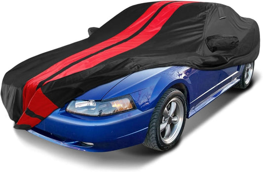iCarCover Custom Car Cover Compatible with Mustang GT 1979-2004, Waterproof All Weather Rain Snow UV Sun Protector Full Exterior Indoor Outdoor Car Covers, Stripe (Black/Red)